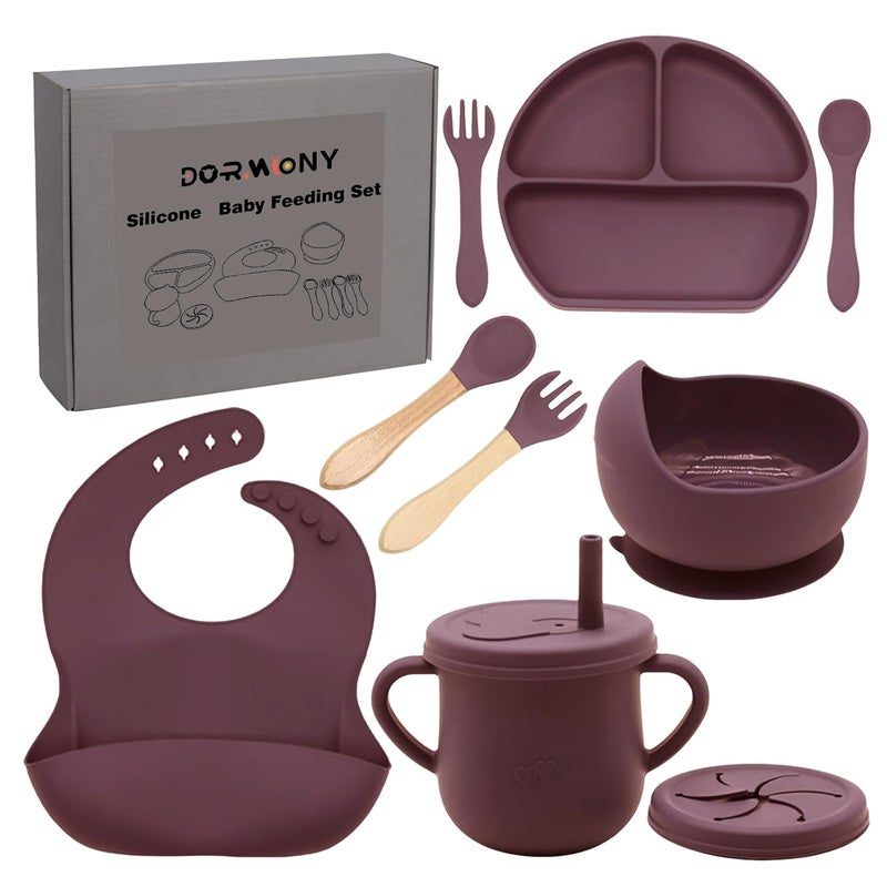 Dormlony 100% Silicone Baby Feeding Set, BPA Free Dishes With Suction Bowl, Divided Plate, Toddler Self Feeding Utensils, Spoons, Forks, Sippy Cup and Bib (Dark Red) - Image 1
